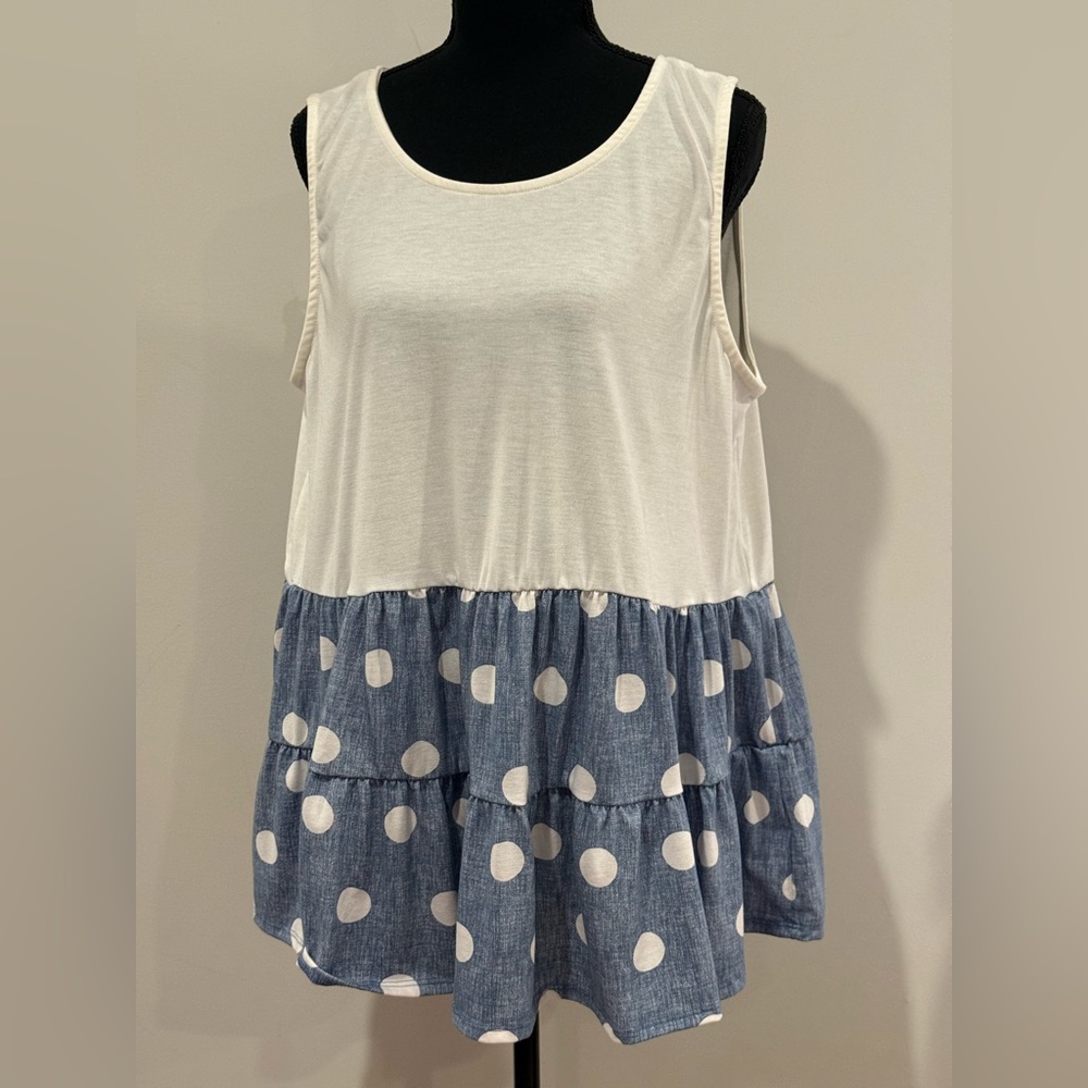 New LuLaRoe L “Eliana” Sleeveless White and Blue Polka Dot Tiered Tank Top 783